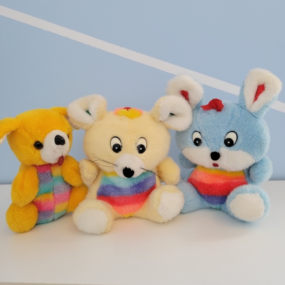 Vintage Easter Friends Stuffed Animal Plush Rainbow Puppy Mouse Bunny - Picture 1 of 16